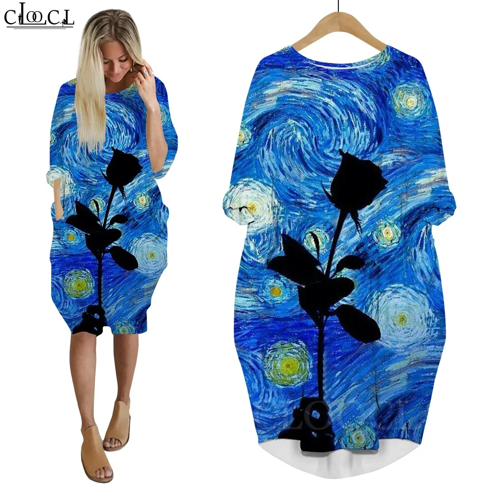 CLOOCL Fashion Dresses Women Clothing Rose Van Gogh Starry Sky Painting 3D Printing Dress Long Sleeve Elegant Art Mid Dress