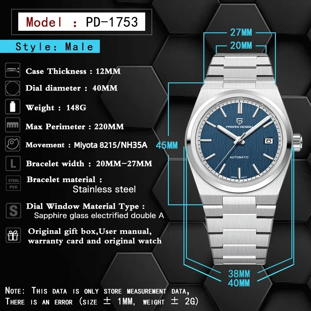 2026 NEW PAGANI DESIGN Men Automatic Mechanical Watch Miyota 8215 Stainless Steel Simple 100M Waterproof Montre Homme