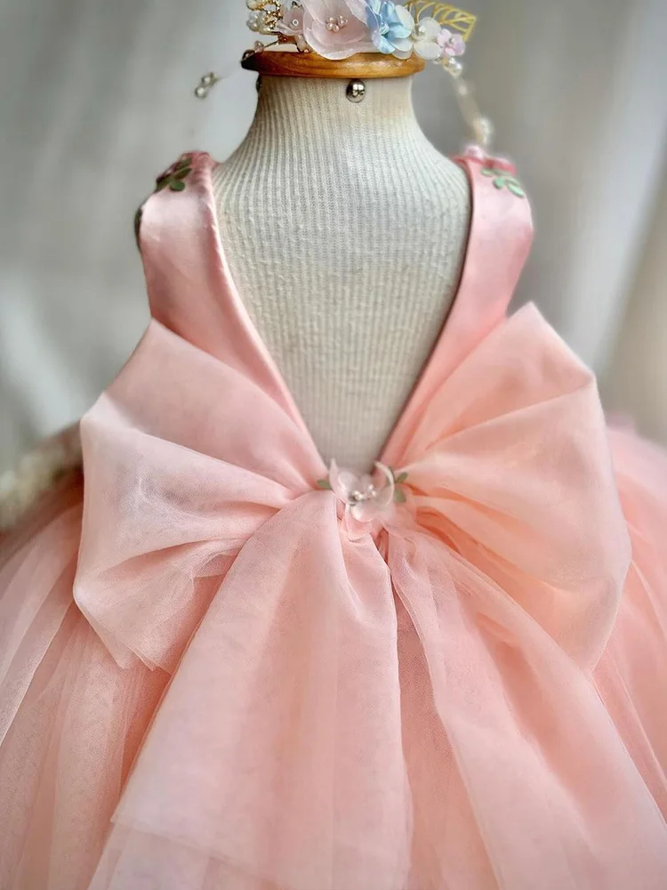 2024 Backless Evening princess first comunione dress Flower pearls girls flower wedding kids ball gown fluffy baby costume