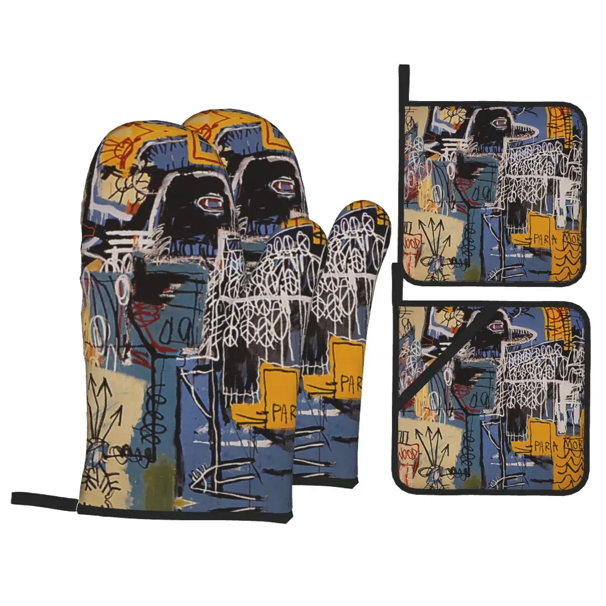 

Bird On Money Basquiats Graffiti Art Рукавицы для духовки и подставки для кастрюль Наборы из 4 термостойких перчаток для выпечки для кухни, барбекю