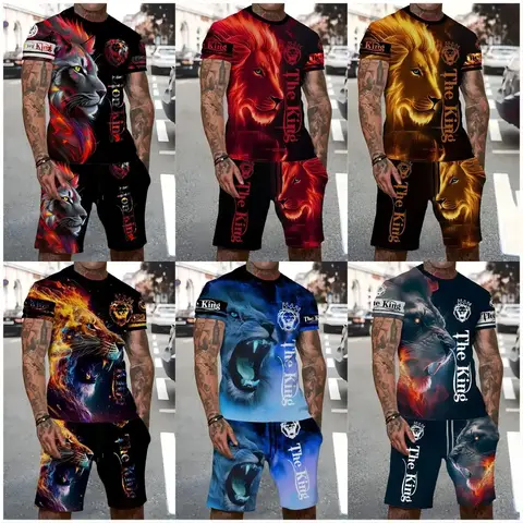 Summer Men's Tracksuit 2 Piece Outfits 3D Golden Lion Print Short Sleeve T-Shirt Shorts Jogging Sets Outdoor Street Men Clothing