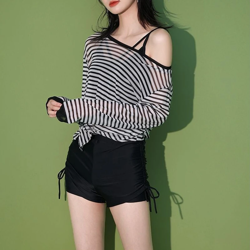 Women Korean Style Sexy Sheer Striped Cover Ups Bikini 3 Piece Sets 2023 Summer Long Sleeve Loose Beachwear Swimsuit Bathing Sui