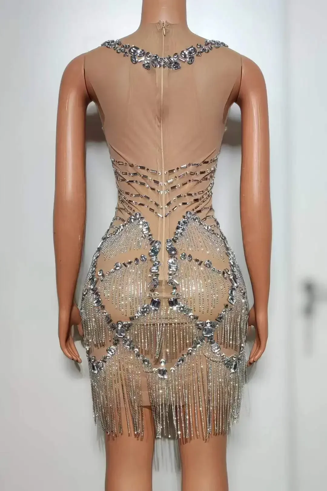 Kobiety urodziny królowa luksusowe Rhinestone wiertła łańcuszek przezroczysta siateczka krótka sukienka piosenkarka tancerz brokatowy kostium świętuj szykowny