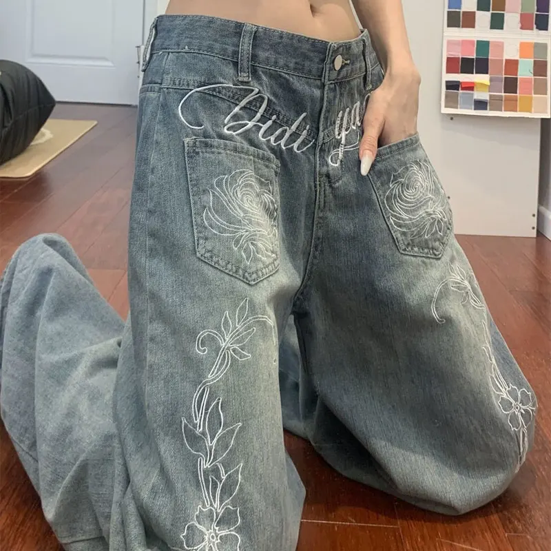 

Female Clothing Flower Embroidery Jeans Washed Wide-Leg Autumn New Fashionable Letter Vintage Denim Pants Loose Casual Trousers
