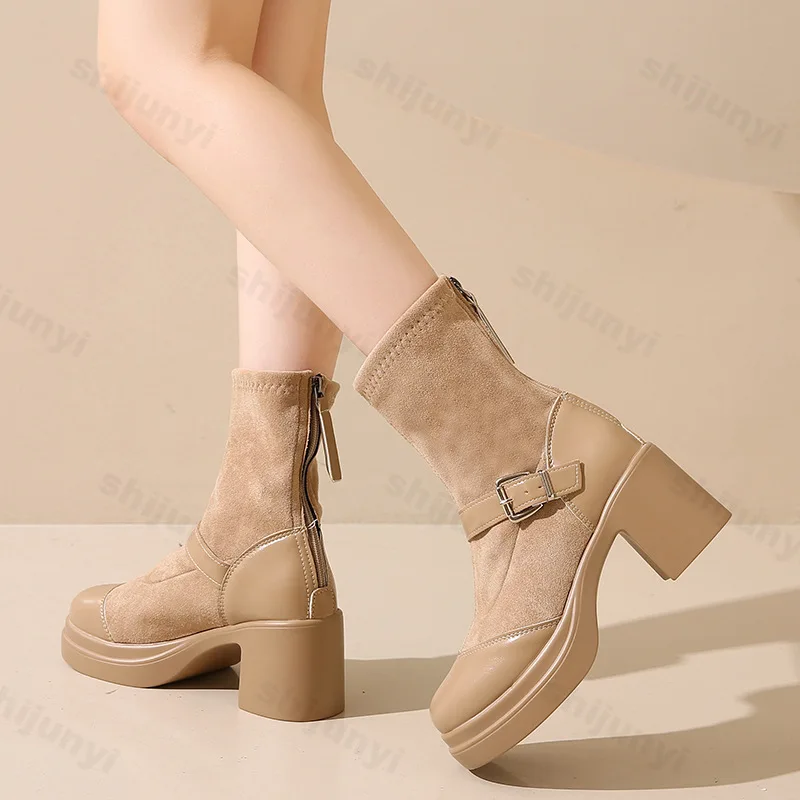 Women Suede Autumn Winter High Heel Boots Height Increasing Metal Buckle Party Shoes Round Head Splicing Chunky Heels Boots image 2