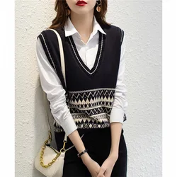 Fashion Color Blocked Jacquard V-neck Knitted Sweater Women Vest Spring Autumn Loose Sleeveless Tank Top Clothing Accessories