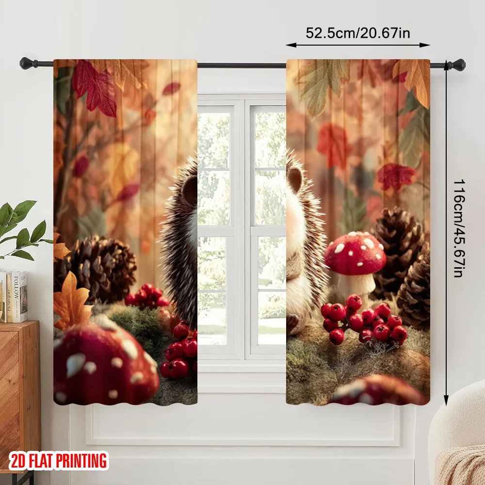 2pcs,2D plane printing Creative Curtains Happy Hedgehog Durable 100% Polyester Fabric (without rod) Versatile All Use for Living