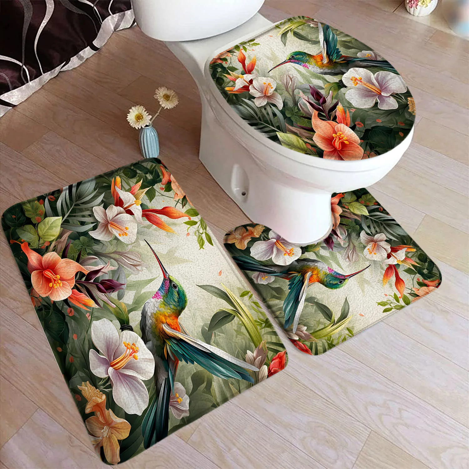 Green Hummingbird Bath Mat Set White Flowers Plant Butterfly Birds Rustic Scenery Home Carpet Bathroom Decor Rugs Toilet Cover