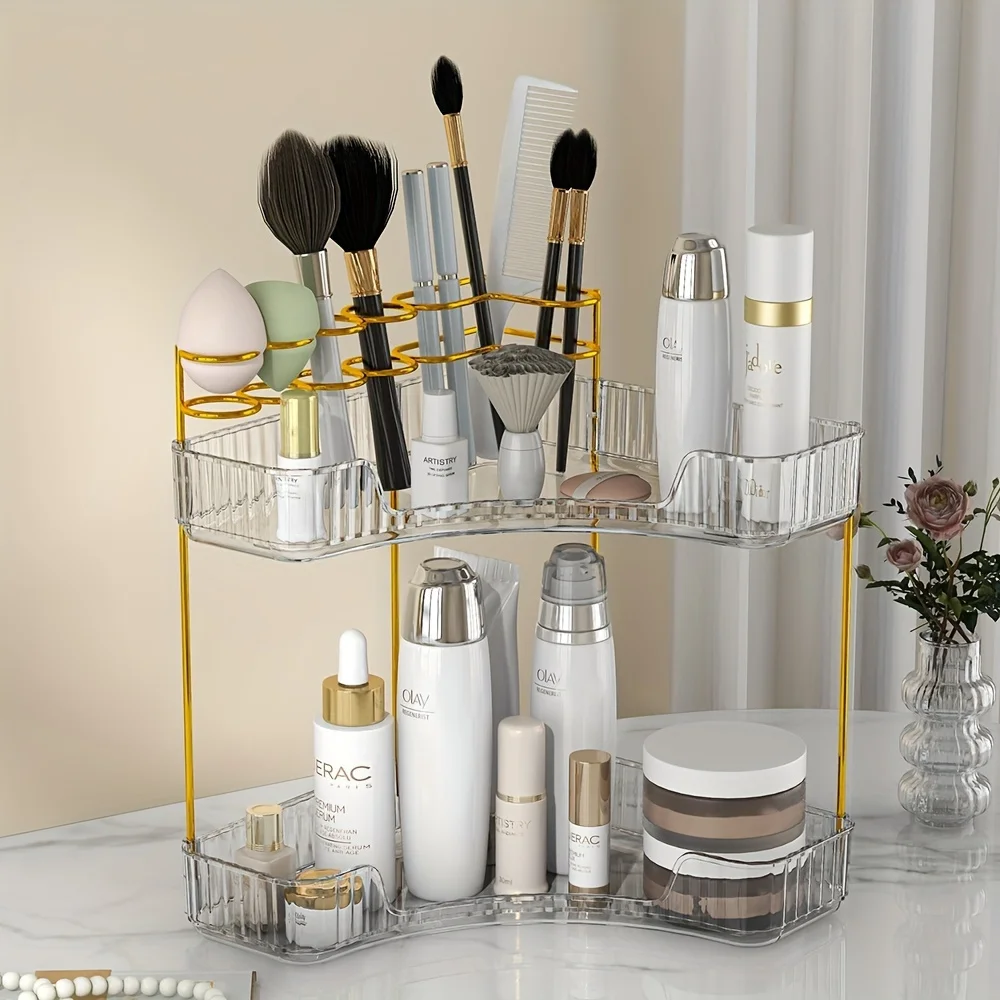 2 Floors Corner Bathroom Counter Manager, Bathroom Countertop Perfume Tray and Vanity Manager, Makeup Manager Countertop