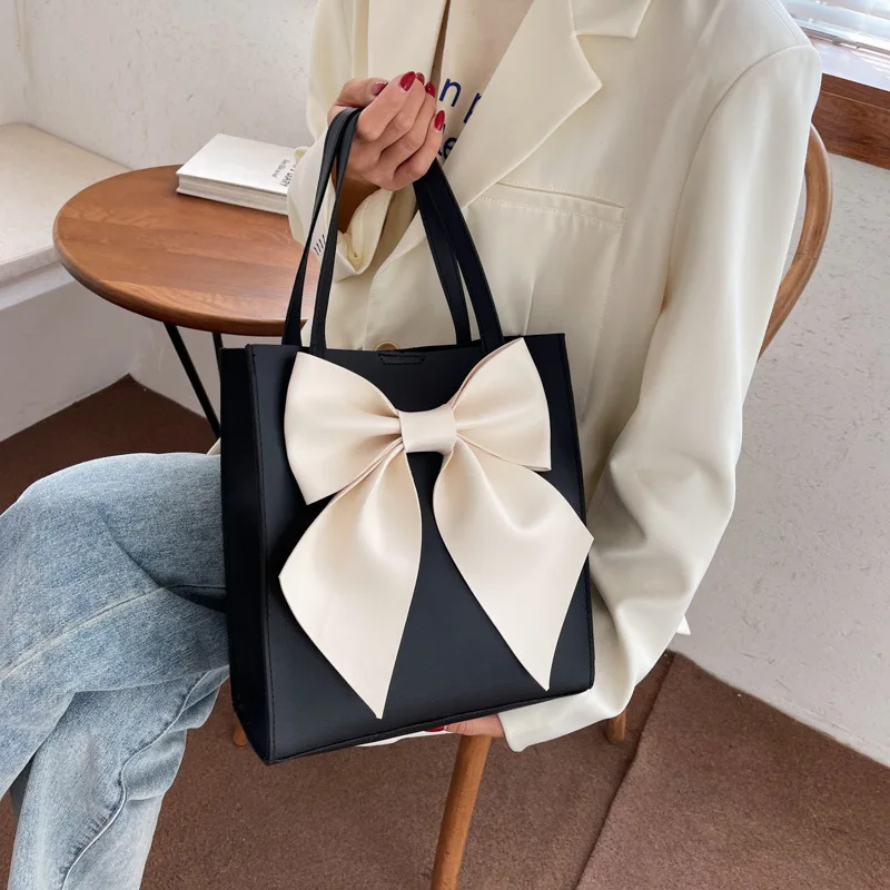 

New Bow Tote Bag for schoolgirl Color Block Large Capacity Shoulder Bag Fashion Two-Way Handbag with Top Handle Stylish Purse