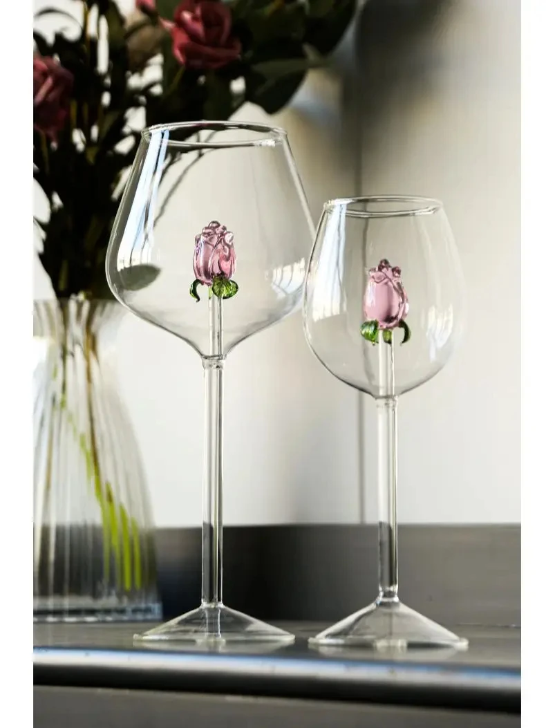 Creative 3D Rose Champagne Flute Custom Wine Glass Goblet Tumbler Mug Cup with Rose Inside Lovely Glassware Gift