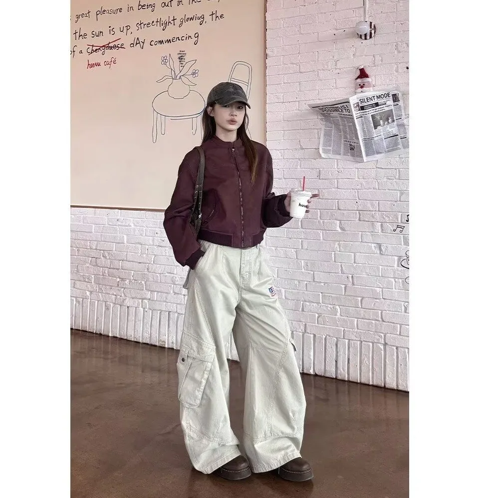 Fall Winter Large Size American Flag Embroidery Multiple Pockets Loose Wide Leg Men's Straight Casual Long Pants