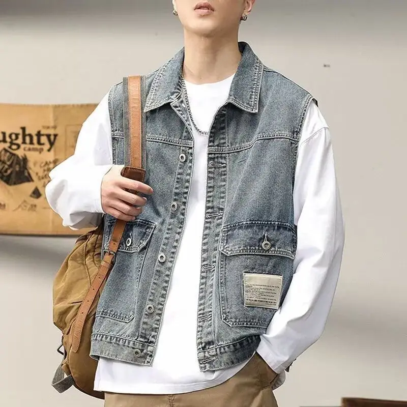 

Мужской жилет, весенне-осенний стиль Hong, стираная рабочая одежда без рукавов в стиле ретро, модный красивый свободный универсальный жилет