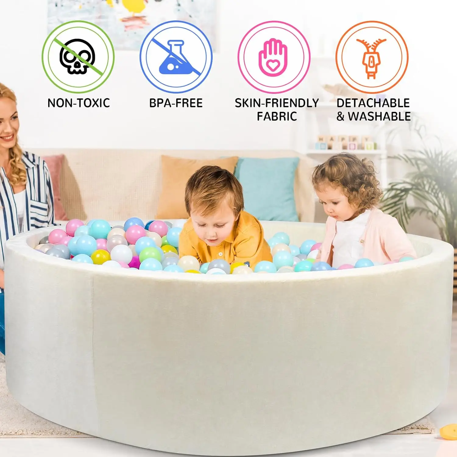 Pozzo per palline in schiuma per bambini piccoli, pozzo per palline rotondo extra large da 47,2 x 13,8 pollici senza palline, box per piscina per bambini in morbido pile di corallo