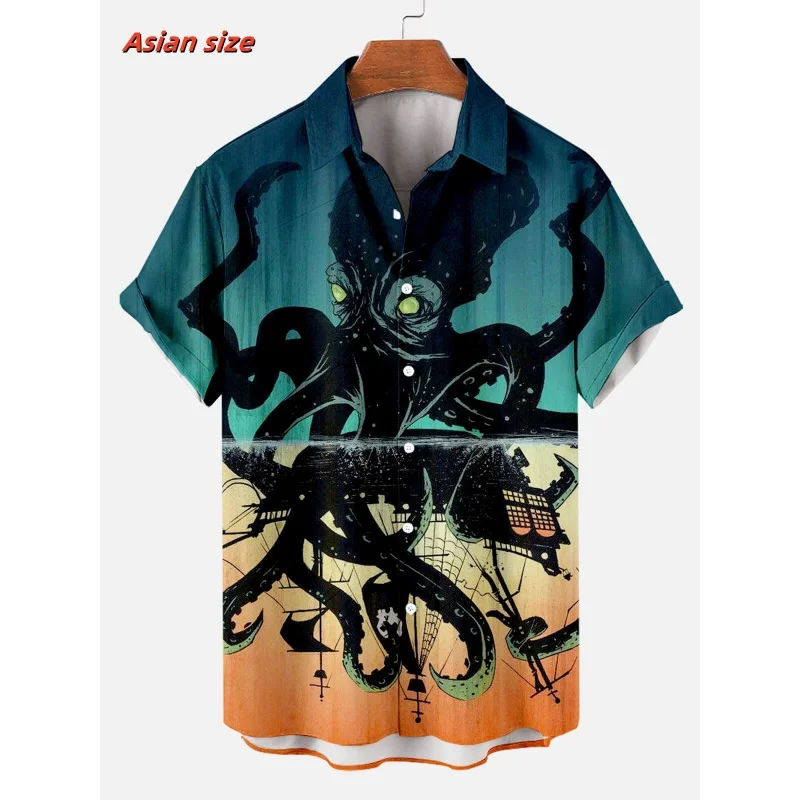 Cool Marine Animals Pattern Hawaiian Shirt For Men Shark Tentacles 3D Printed Short Sleeves Casual Lapel Aloha Shirts Blouses