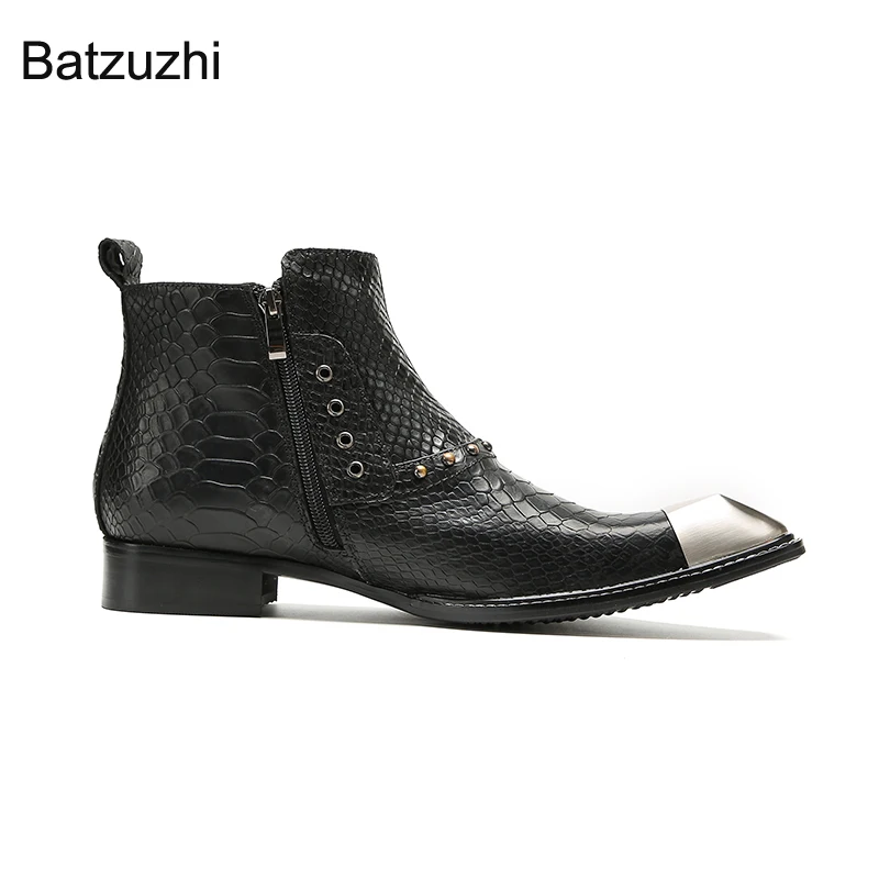 

Batzuzhi, черные мужские ботильоны из натуральной кожи, ковбойская мужская обувь в стиле вестерн, модные мужские ботинки на молнии с железным носком, размеры 38-46