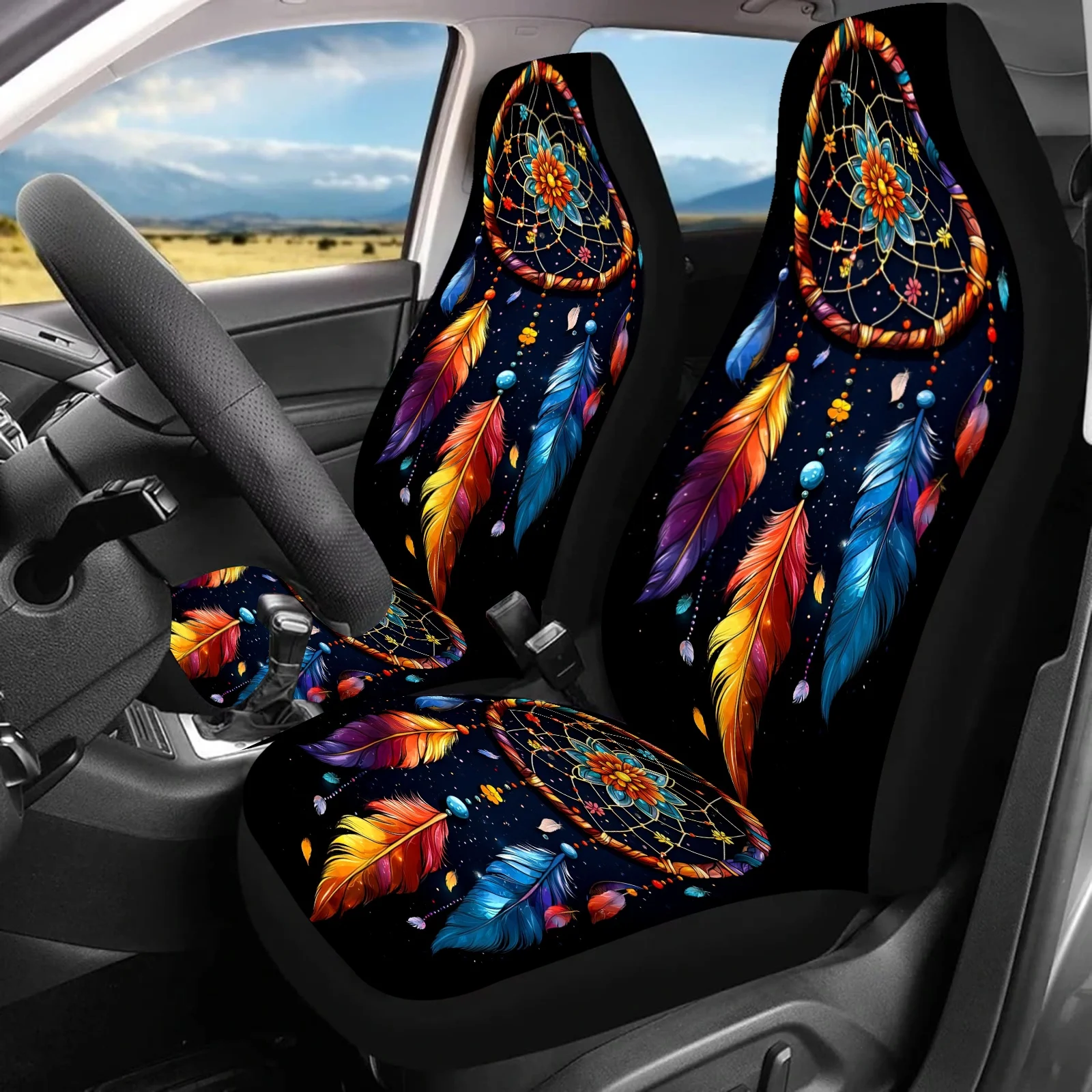 

2pcs Bohemian Wind Chime Print Car Seat Covers For Women & Men - Vibrant Multicolor Design, Durable Polyester, Fit For Cars, SUV