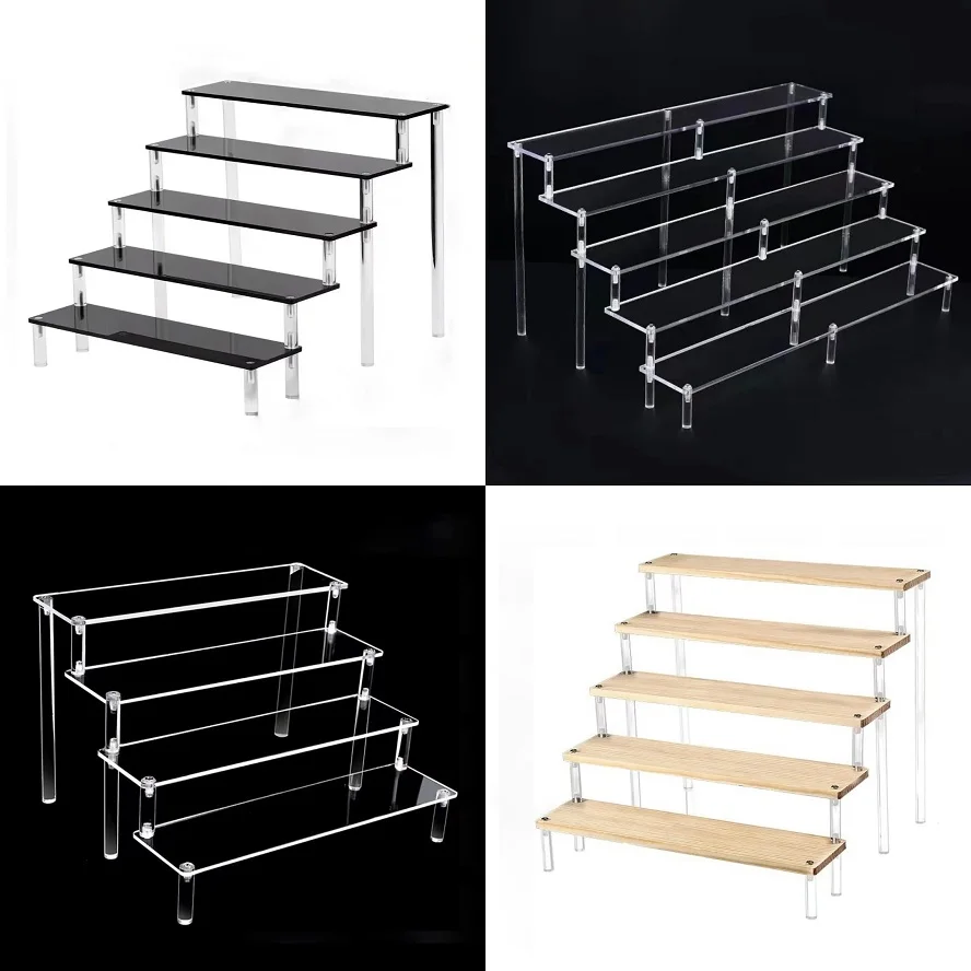 

Acrylic Step Storage Shelf for Collectibles, Wooden, Clear and Black Display Stand for Toys, Car Models, Cupcakes, 2-5 Tier