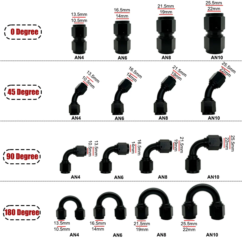 2X 4AN/6AN/8AN/10AN/12AN Female to Female Union Straight 0°/45°/90°/180° Degree Swivel Hose End Fittings Adaptor Aluminum Black