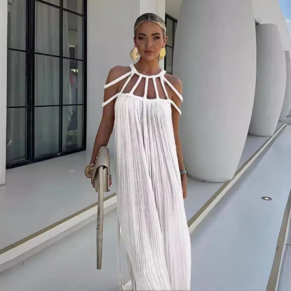 Sexy Off-Shoulder Sleeveless Maxi Dresses White Khaki Hollow Out Lace Up Backless Women Long Dress Summer Party Vacation Vestido