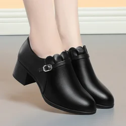 New Spring Autumn Women's Concise Single Shoes  Round Toe Thick Heel Soft Leather Modern Retro Elegant Casual Shoes