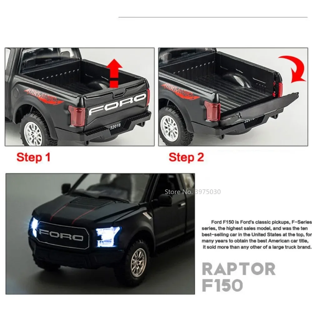 1:32 Scale Alloy Model Car Raptor F150 Pickup Diecast Metal Off Road Vehicle Sound Light Pull Back Toy Collection for Kids Gifts