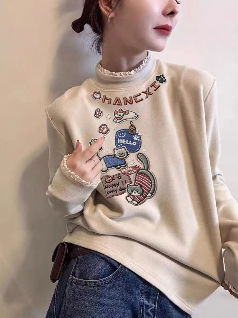 プラスサイズ ロング丈Tシャツ レディース 秋冬 太め体型向け ベルベット素材 ハイネック レース飾り プリント柄 ベースTシャツ ゆったりフィット スリーブ