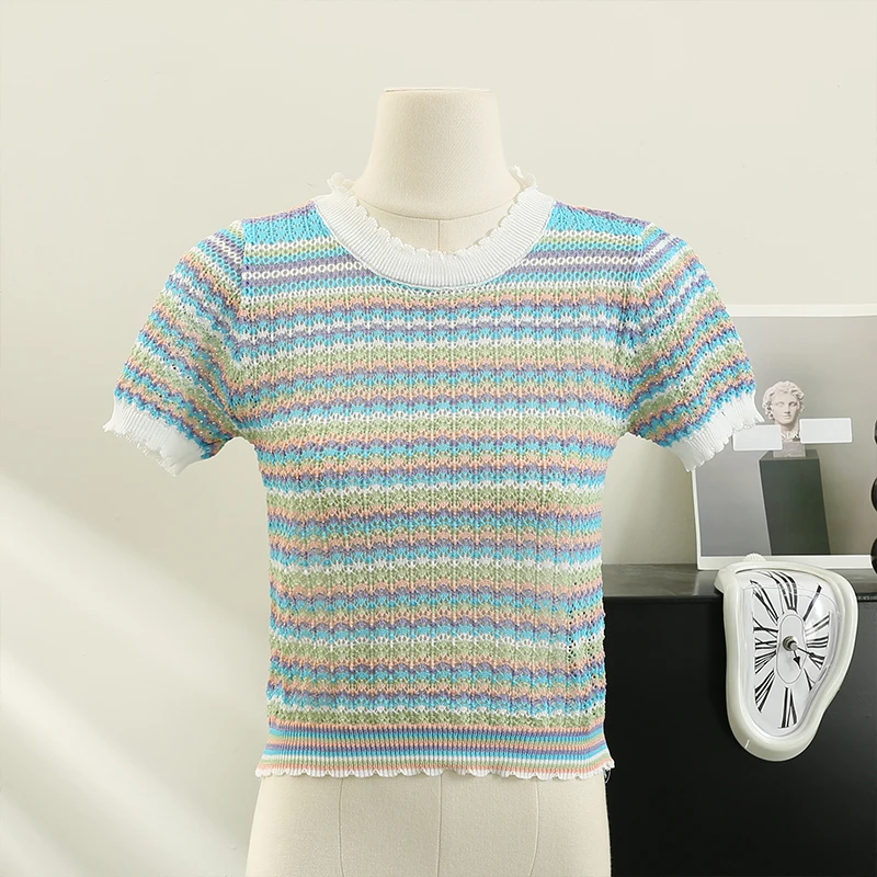 Colorful Striped Knitted T Shirt For Women Spring Summer Hollow Out Sexy Streetwear Tops Korean O-Neck Short Pullover Blouses