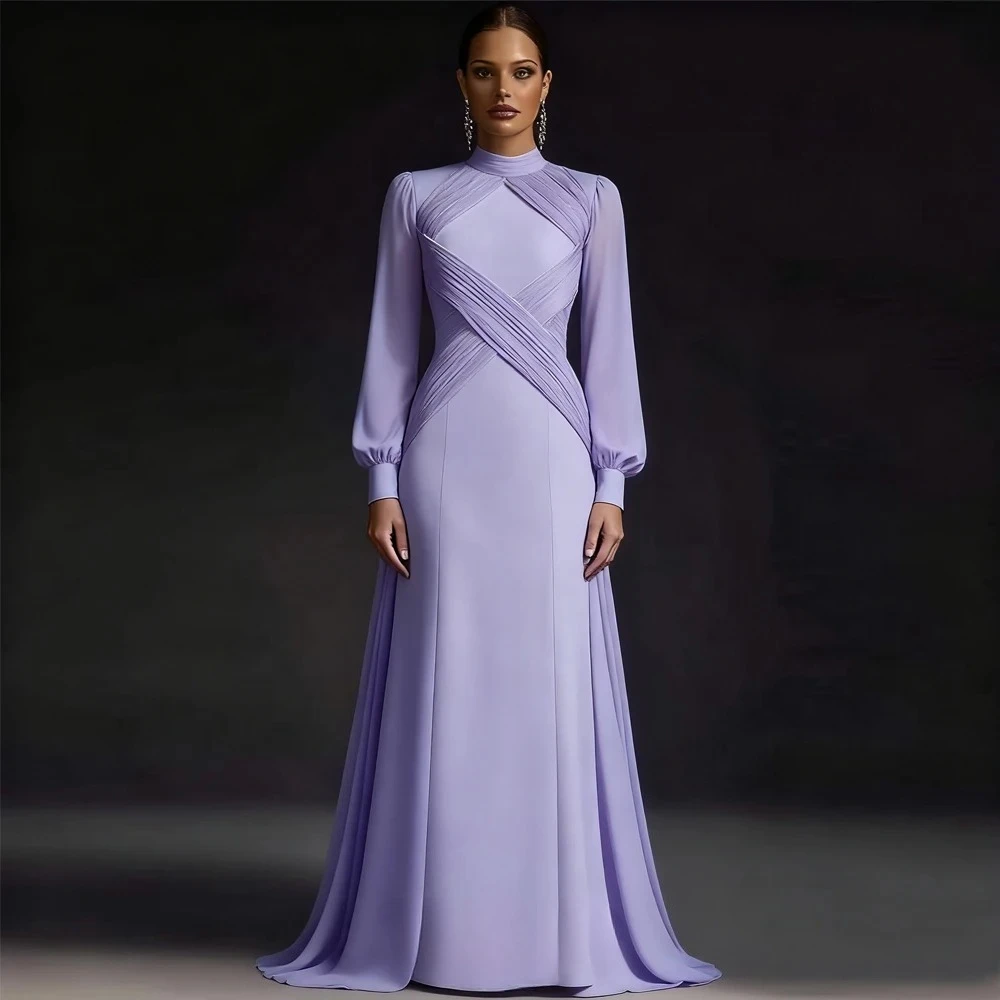 

Элегантное вечернее платье А-силуэта с длинными рукавами и высоким воротником из джерси с плиссировкой, в пол, для женщин, на заказ