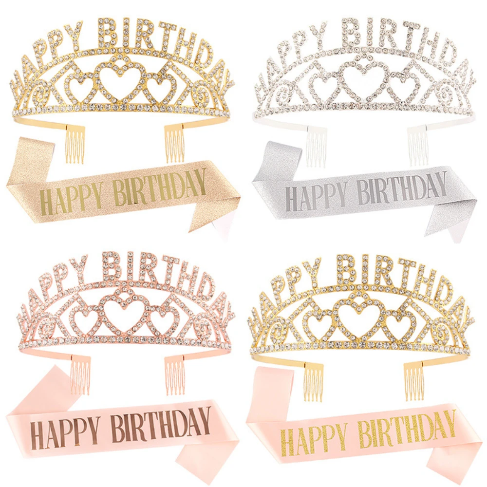 Alles Gute zum Geburtstag, Tiara und Schärpe, Roségold, glitzernde Satin-Schärpe und Stirnband für Mädchen und Frauen, alles Gute zum Geburtstag, Party-Dekorationen, Zubehör – Detail 1