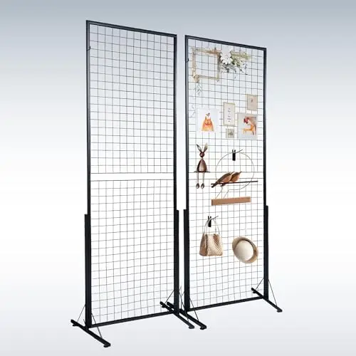 2-Pack 24x68 Inch Black Steel Grid Wall Display Stand, Floor Standing Retail Display Rack with Base for Store, Trade