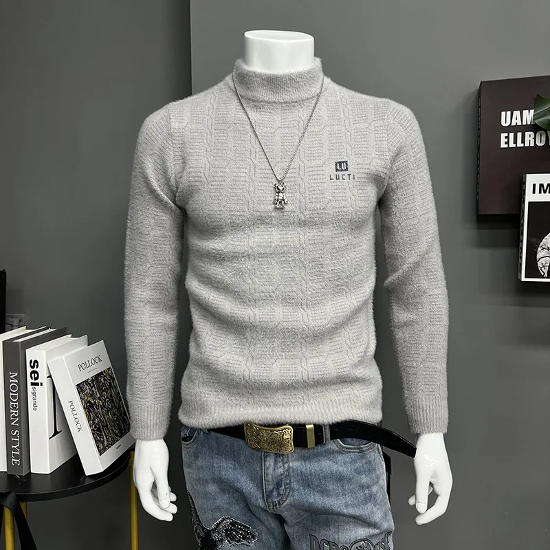 Men's New Semi High Neck Knitted Sweater Autumn Winter Trendy Fashionable Slim Fit Base Pullover Version Thick Warm Tops Clothes