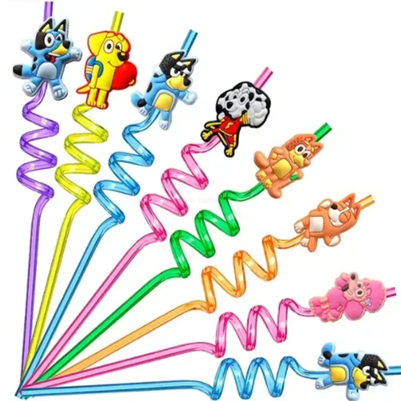 Bluey Bingo Chilli Straw Patc Spiral Accessories Cartoon Birthday Party PET Styling Straw Kid Party Tableware Pipette Decoration