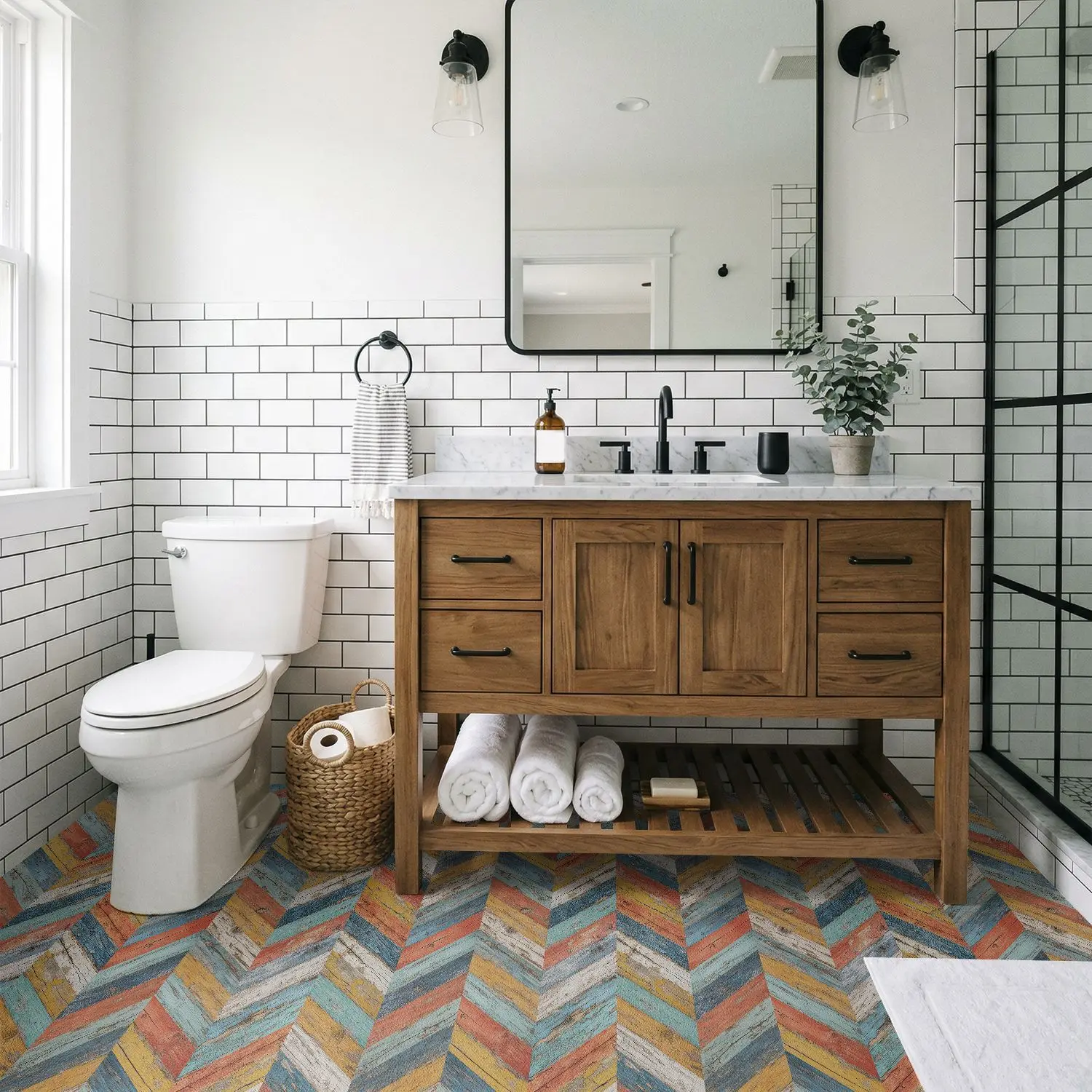 Herringbone Wood Floor Tiles Stickers, 0.72mm Thick Self‑Adhesive Floor Decals, Waterproof  Peel & Stick Flooring for Home Decor
