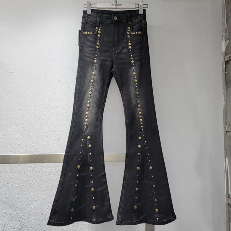 DEAT 2024 Winter New Items Fashion Rivet Irregular Denim Long Pants For Women Causal Versatile Jeans Female Trend 11A01853