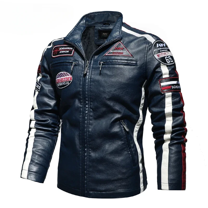 ฤดูหนาวแจ็คเก็ตหนังผู้ชายเสื้อลําลองเสื้อแจ็คเก็ตสีฟ้าหนัง Faux Vintage Biker Jacket Men Bomber Windproof รถจักรยานยนต์สีดํา