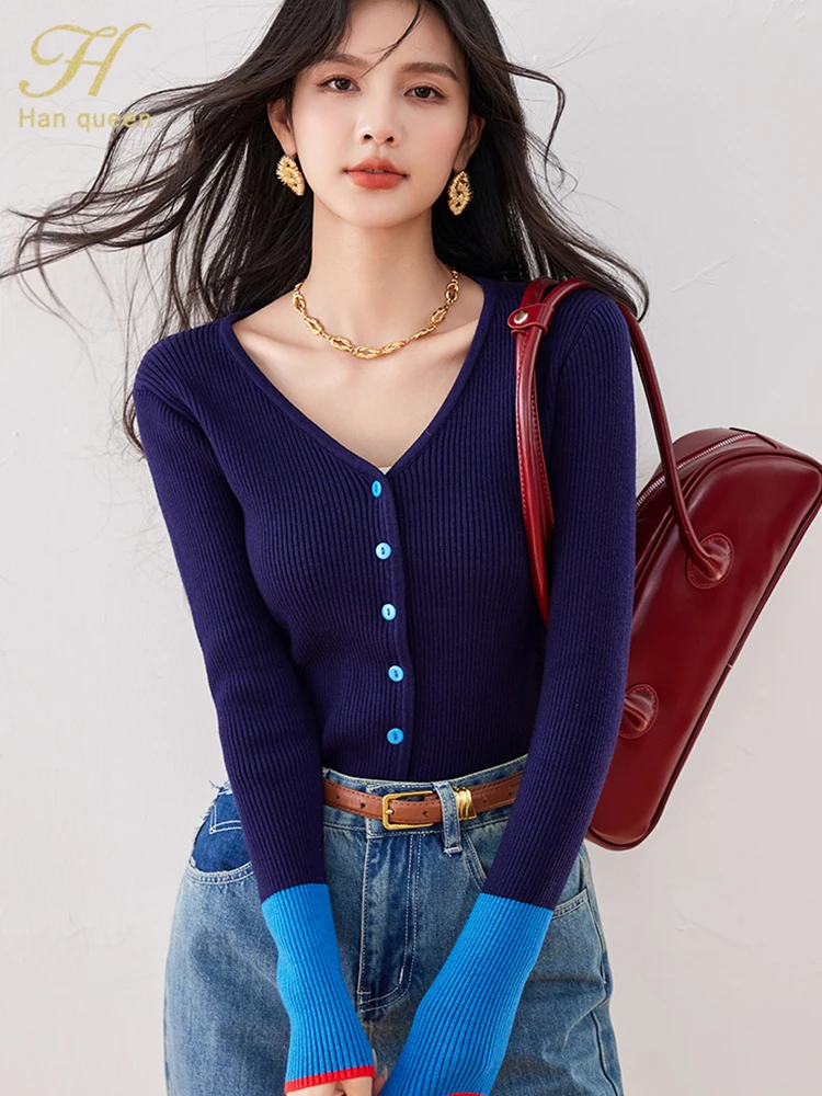 H Han Queen Female Clothing Chic Colorblocking Vintage Knitwear Simple Short Sleeve T-Shirt Autumn Tops Korean Chic Casual Tees