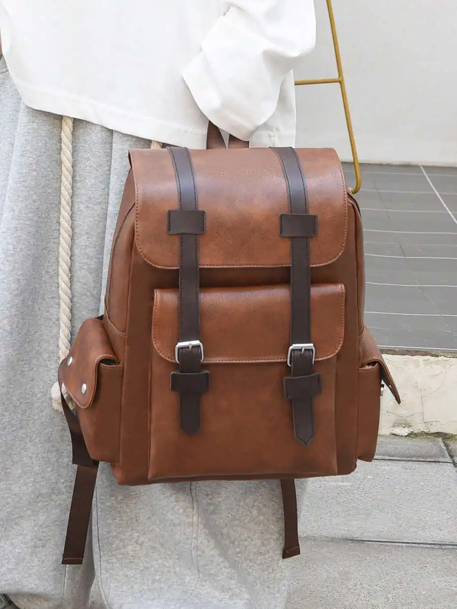 Vintage PU Leather Backpack 14.7 Inch Laptop Bag Large Capacity For Men Casual School Work Commute