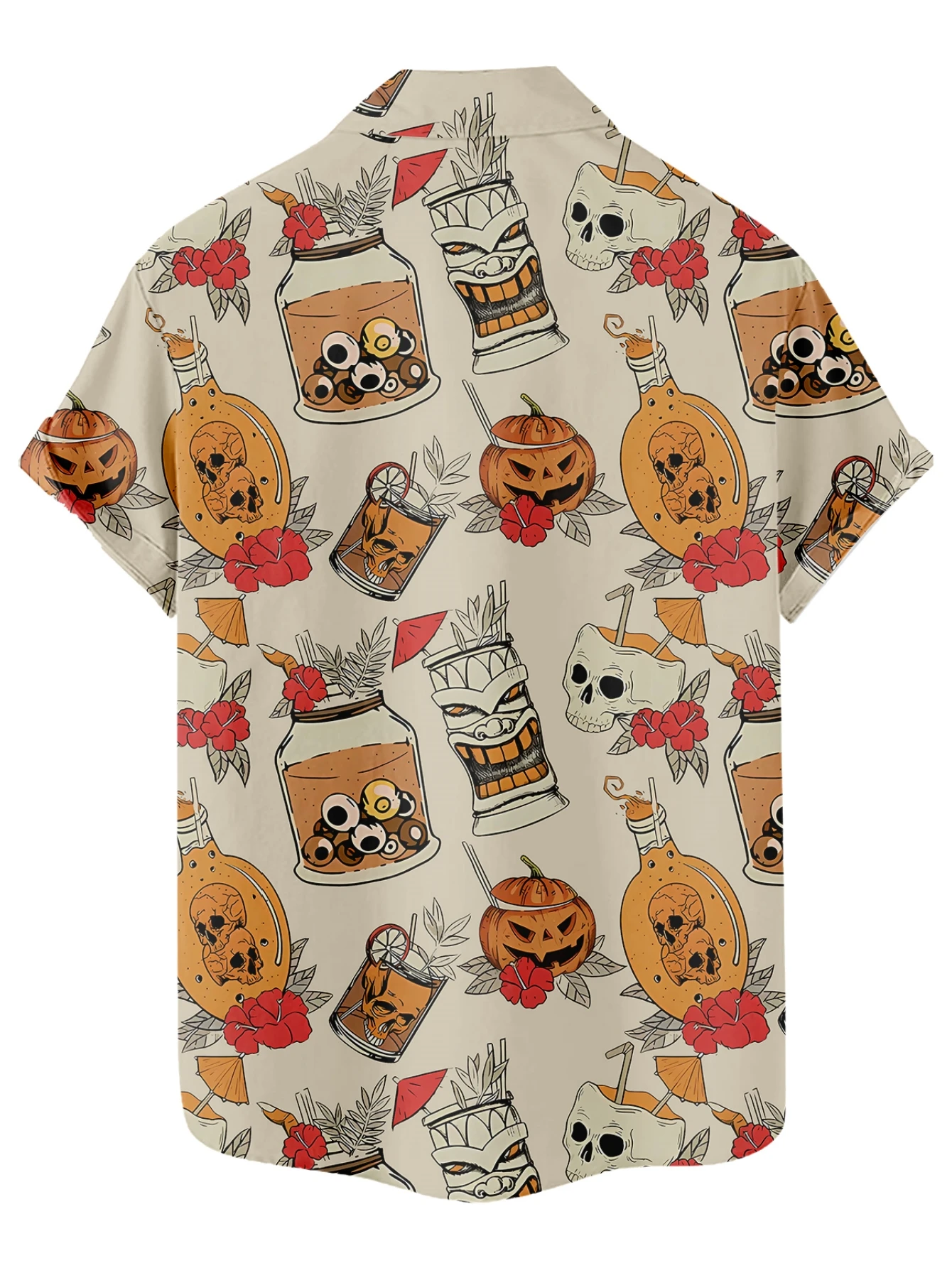 Men Halloween Tiki Skull Short Sleeve Shirt Retro Pumpkin Hibiscus Flower Print Turn‑Down Collar Shirts