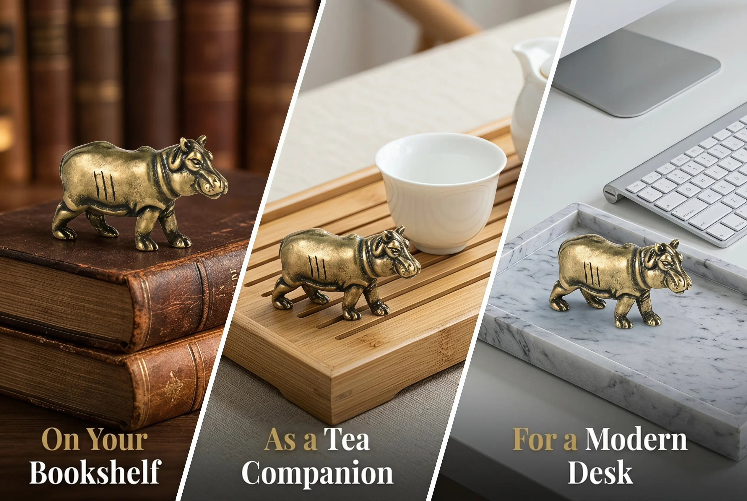 Solid Brass Hippo Ornament Realistic Detailed Vintage Finish Tea Pet Table Decor Desktop Shelf Nightstand Home Office Decor