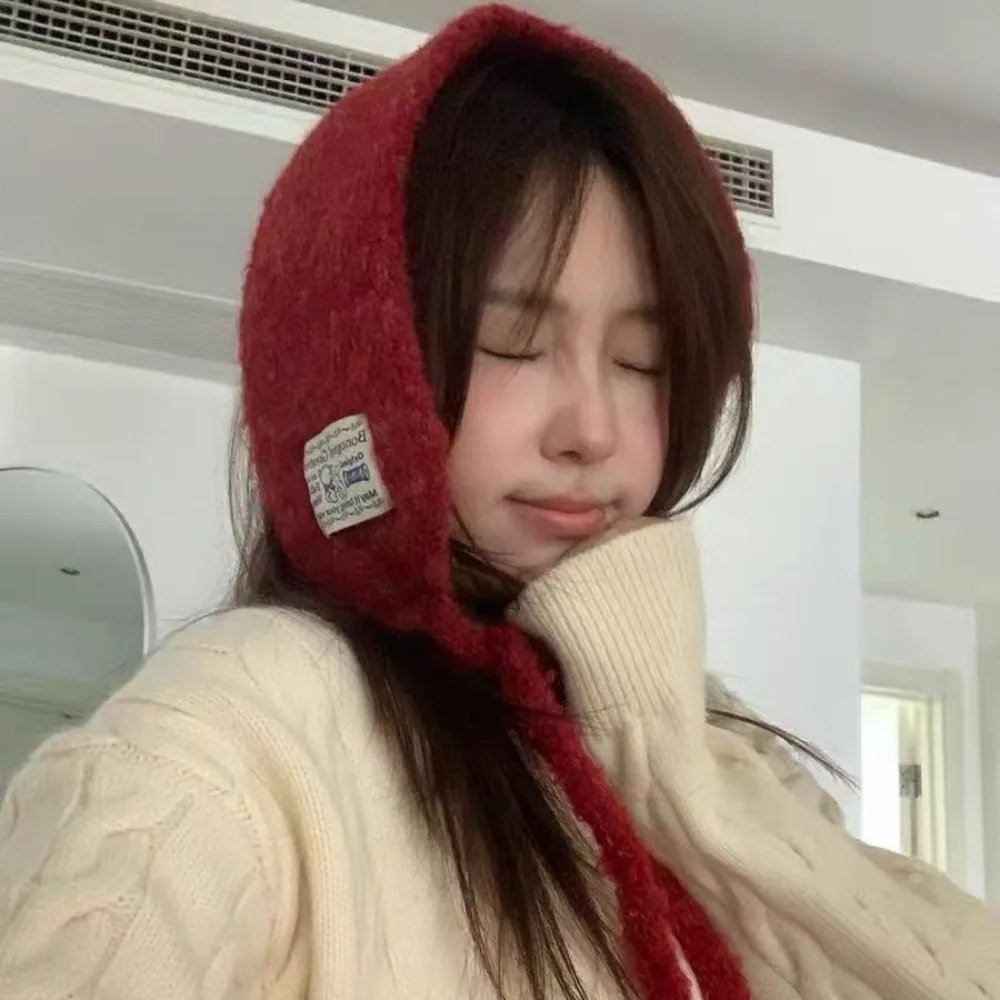 Korean-Style Cute Tie-Strap Mini Scarf for Autumn Winter Solid Color Women’s Warm Knit Earmuffs 2-in-1 Neck Warmer Ear Cover