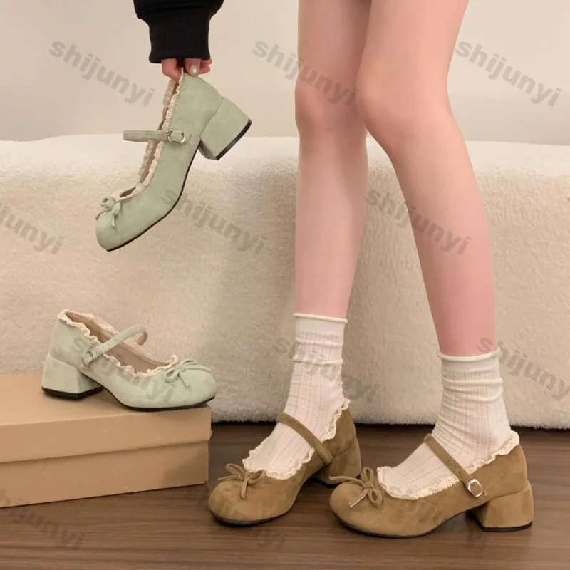 

Элегантные женские туфли Мэри Джейн с круглым носком и бантом, на массивном квадратном каблуке, весна 2026, нескользящие, на высоком каблуке
