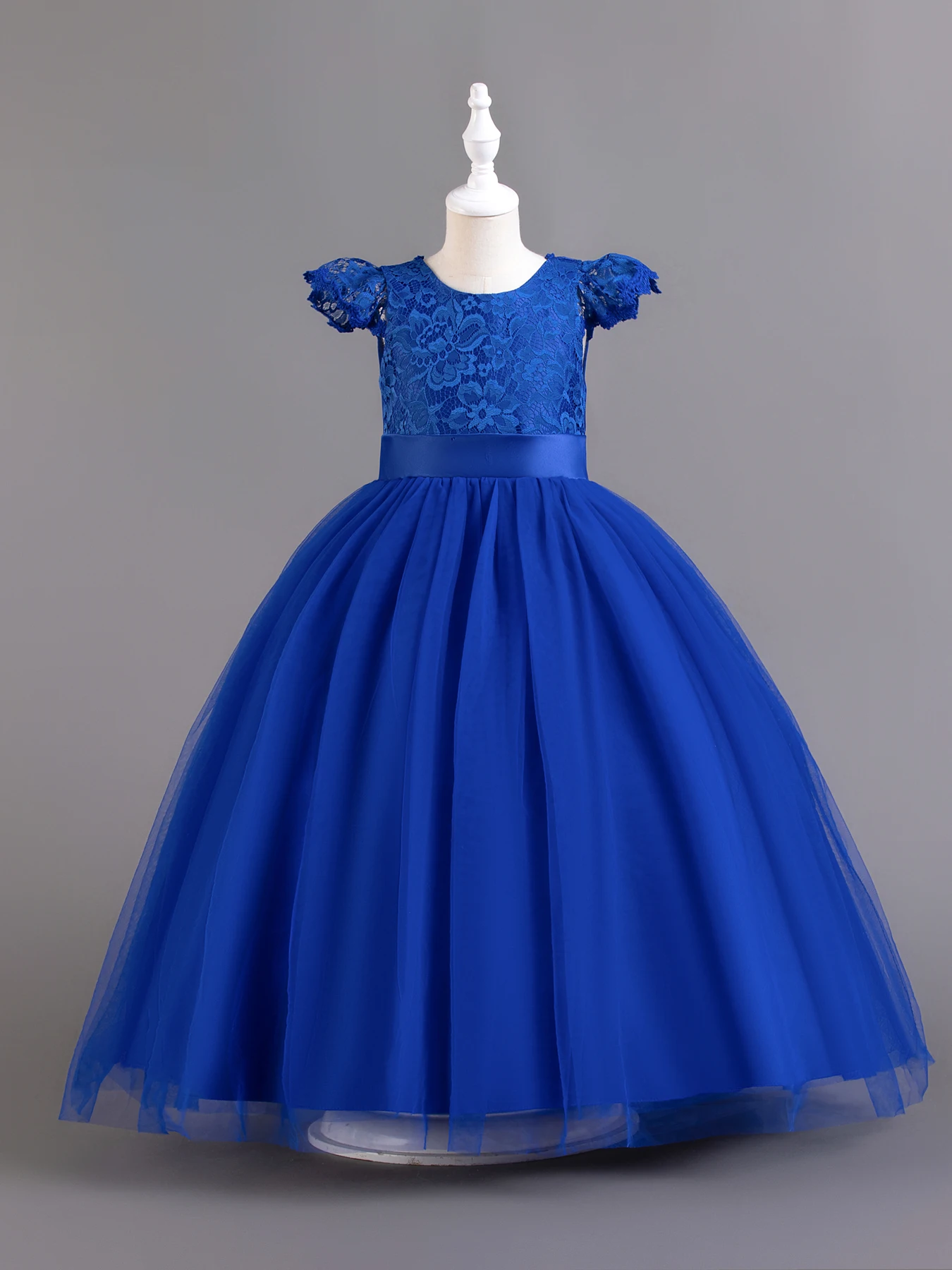 Blue colored lace child princess dress, little girl runway, piano performance Wear flower boy big bow long dress