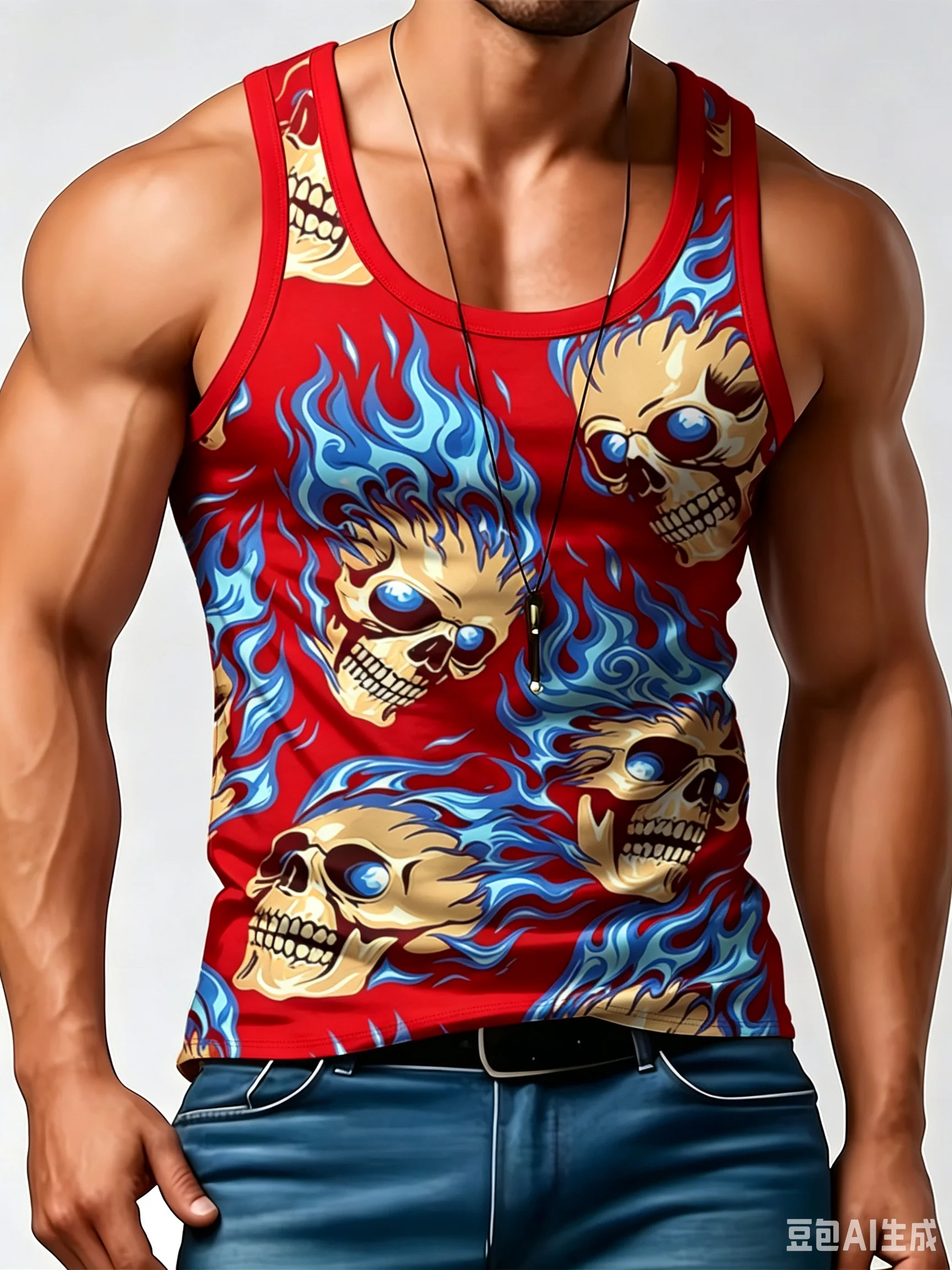 Gothic Blue Fire Skull Graphic Tank Top Men All Over Print Sleeveless Summer Workout Street Quick drying thin style Vest