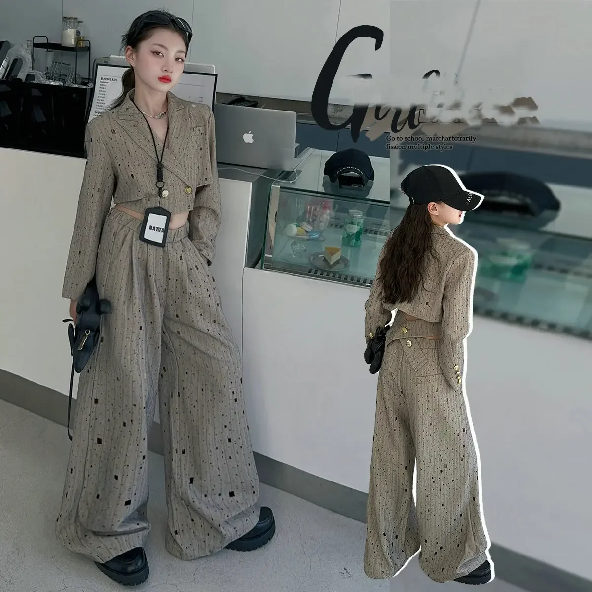

chic teenage girls clothes set Design short suit jacket+Customized ripped wide leg pants 2pcs junior kids suit child outfits 12
