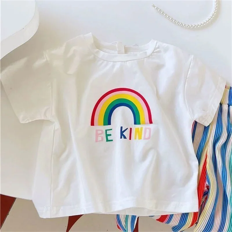 Baby Summer Set Children\'s Tops and Bottoms Suit New Girls Cute Short-Sleeved T-Shirt Rainbow Pleated Pants Two-Piece 12M-8Y