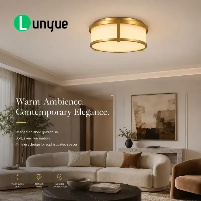 Modern Drum Shaped Surface Mounted Ceiling Light Brushed Metal Glass High CRI 95 3000K Warm White Luxury Home Decor