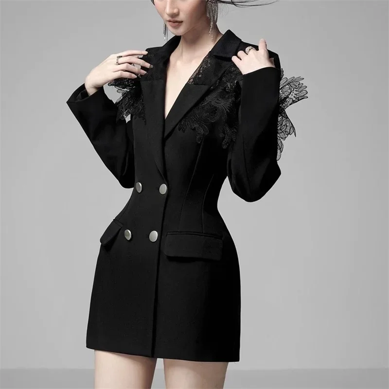 2024 New Fashion Spring Women Notched Long Sleeve Double Breasted Lace Spliced Sheer Panelled Slim Casual Long Blazer