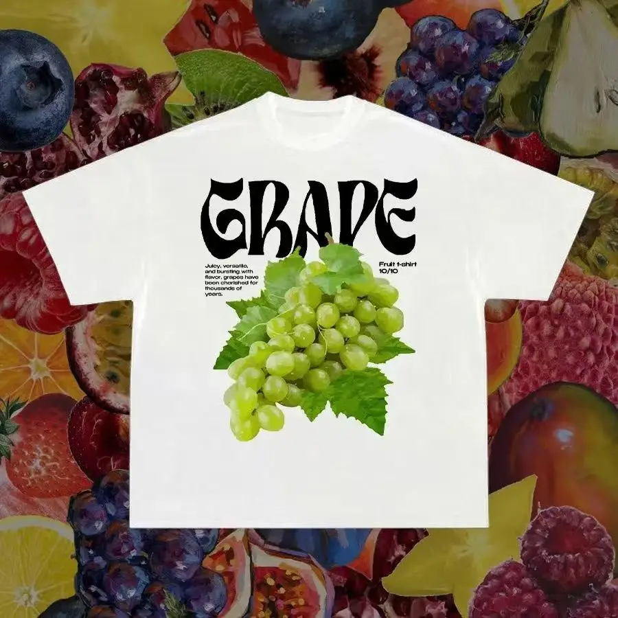 Versatile Western Style Fun and Fresh Grapes Printed Summer 2026 Short Sleeve T-shirt Cotton Women's Casual High Streetwear Tops