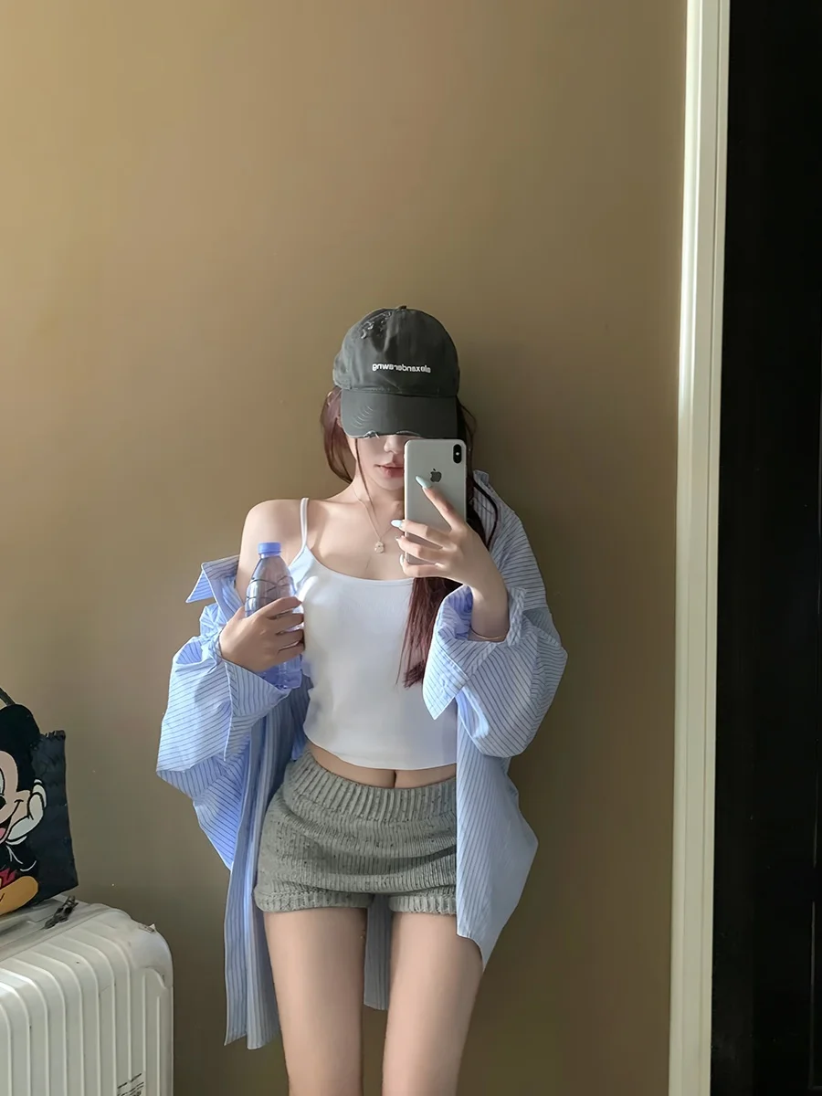 

Blue Striped Long Sve Casual irt Women's Summer New Sle High Sensation Sunscreen Open Cardigan Top Loose Fit Collar TT29